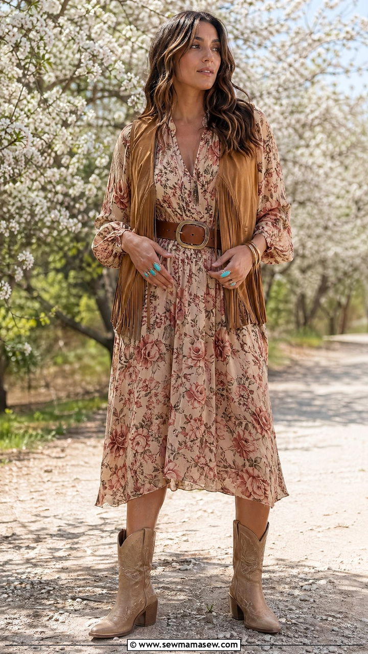 Fringe vest with floral midi dress - 35 Western spring outfits