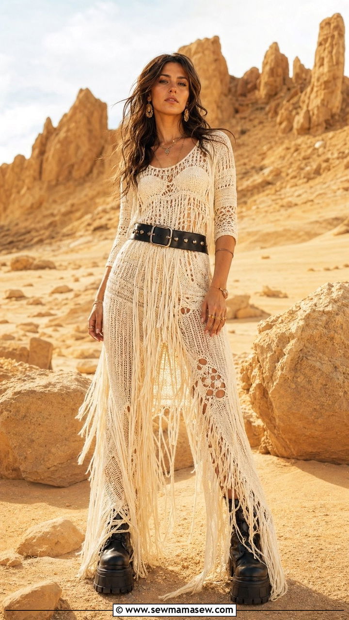Fringed Crochet Dress With Platform Boots Outfit - 35 music festival outfit ideas for women