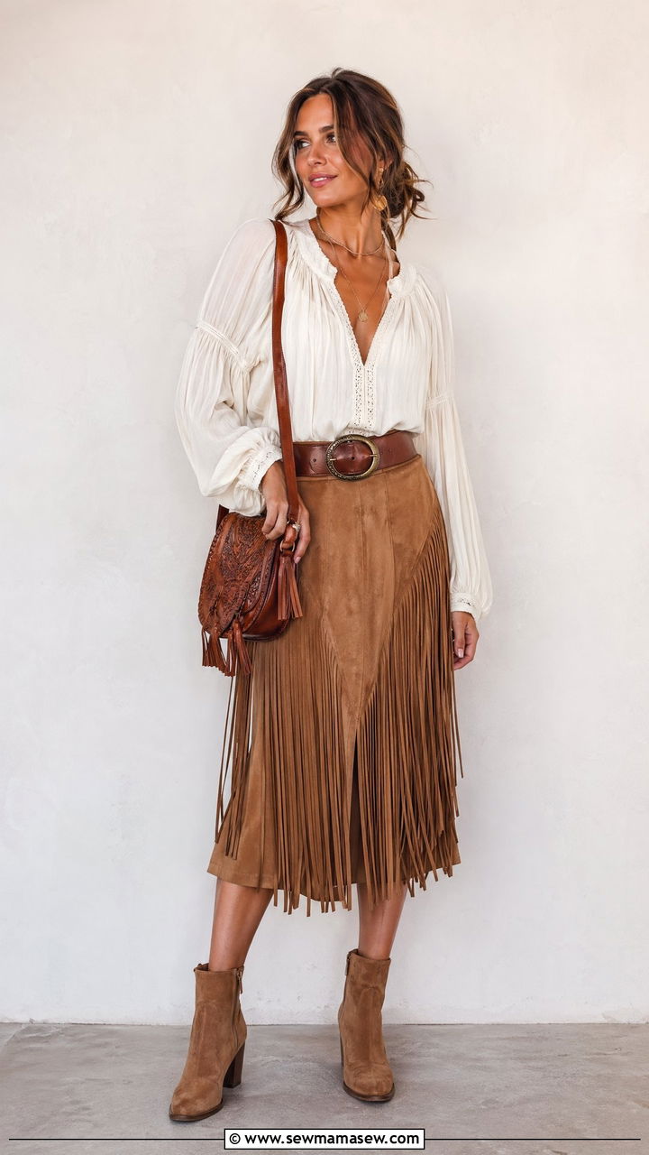 Fringed Skirt With Tucked In Blouse - 35 spring boho outfits