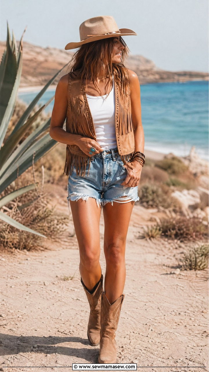 Fringed Suede Vest Over White Tank and Denim Cutoffs - 35 coastal cowgirl outfits
