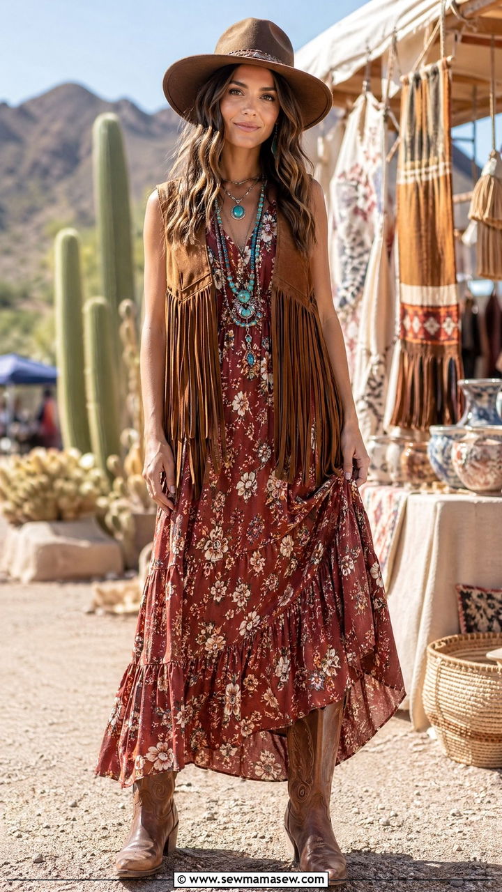Fringed Suede Vest With Floral Maxi Dress - 35 Western boho outfit ideas