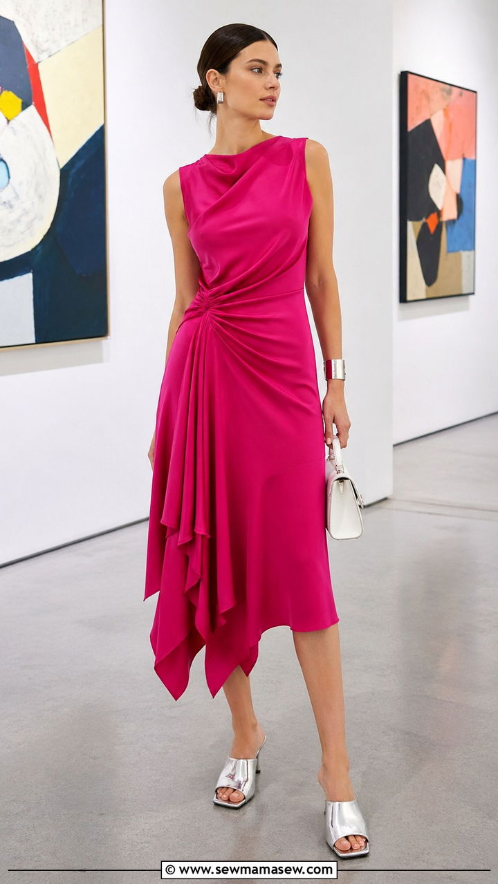 Fuchsia Asymmetrical Hem Dress with Metallic Mules - 40 All fuchsia outfit ideas