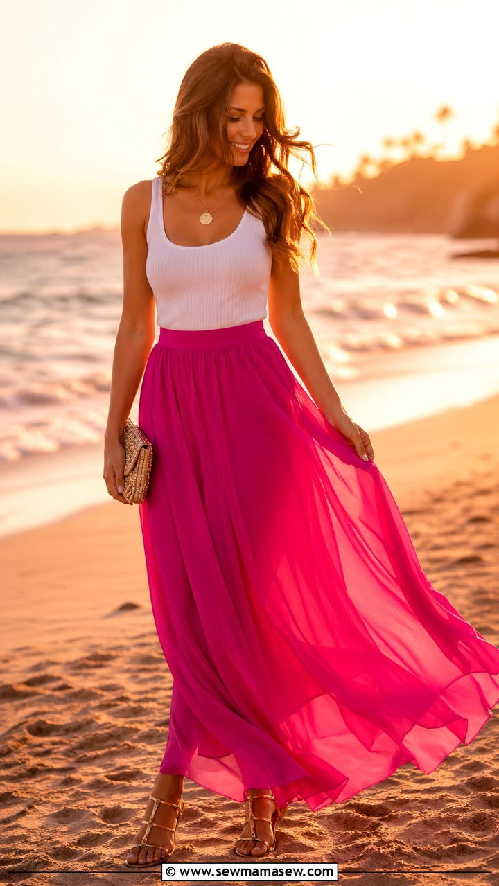 Fuchsia Chiffon Maxi Skirt with a Tank Top - 40 All fuchsia outfit ideas