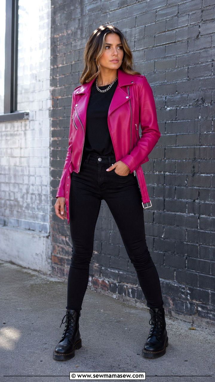 Fuchsia Faux Leather Jacket with Black Skinny Jeans - 40 All fuchsia outfit ideas