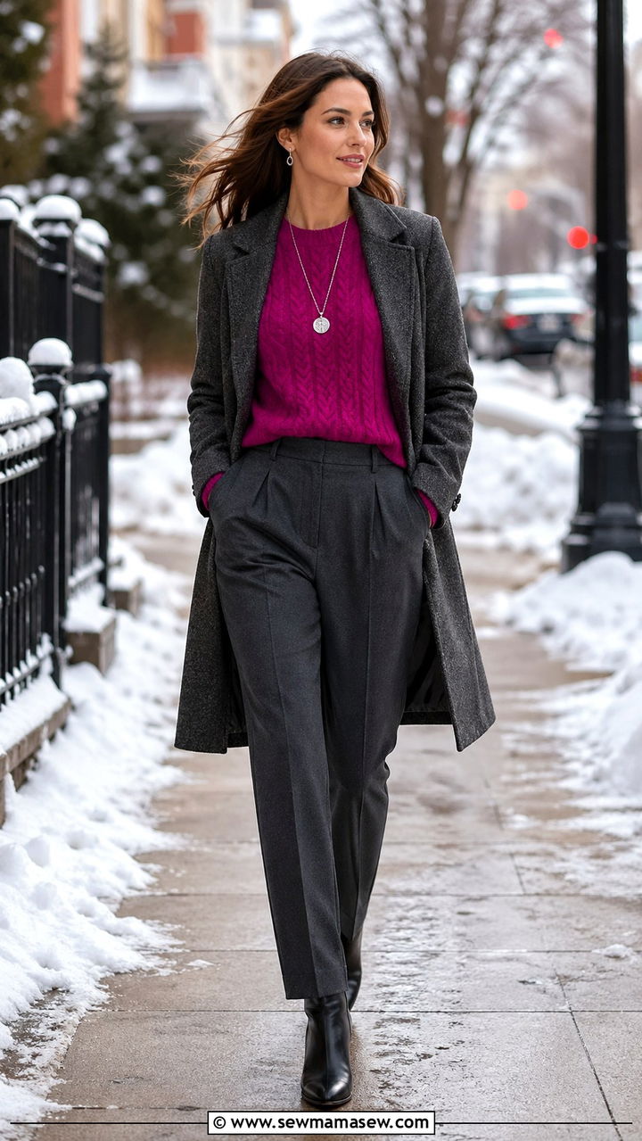 Fuchsia Knit Sweater with Charcoal Trousers - 40 All fuchsia outfit ideas