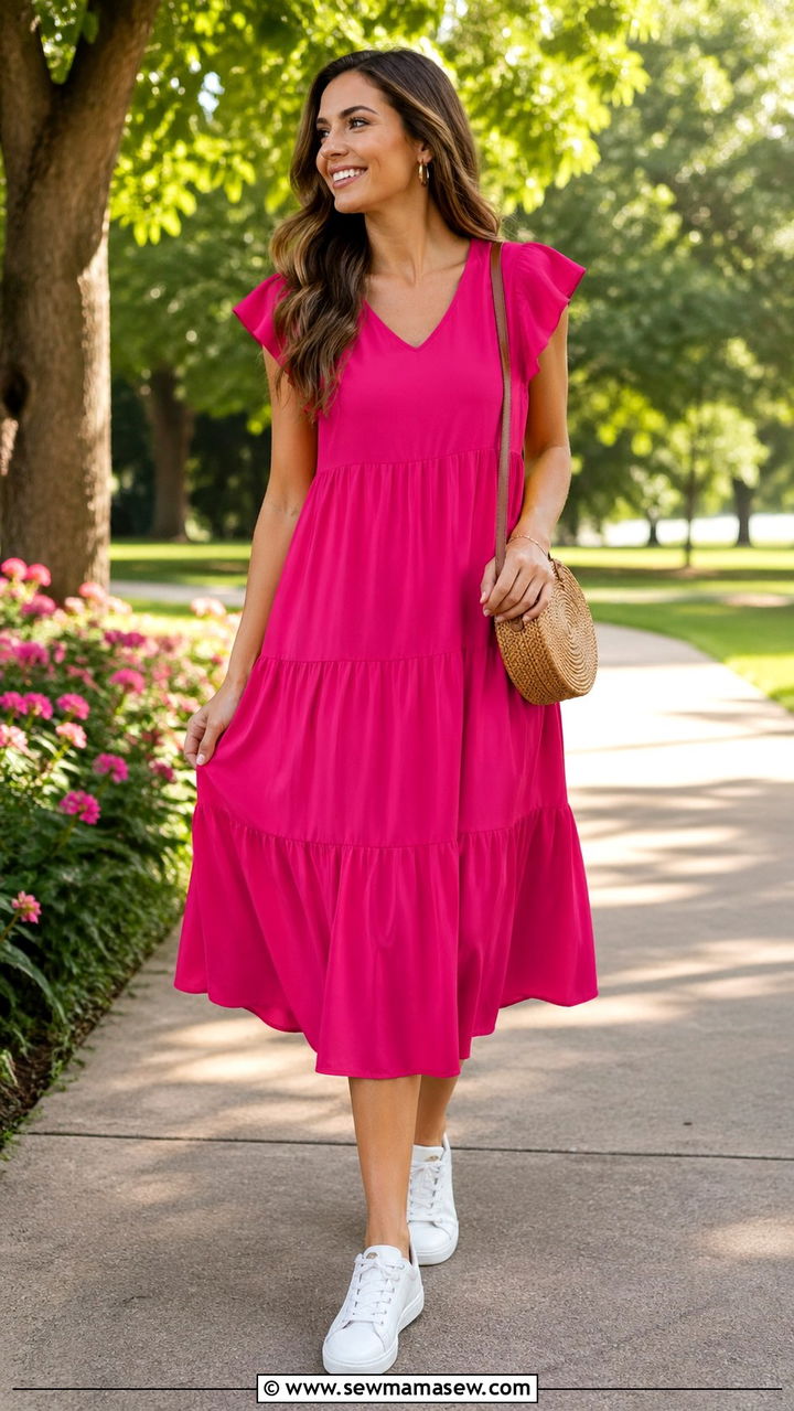 Fuchsia Midi Dress with White Sneakers - 40 All fuchsia outfit ideas