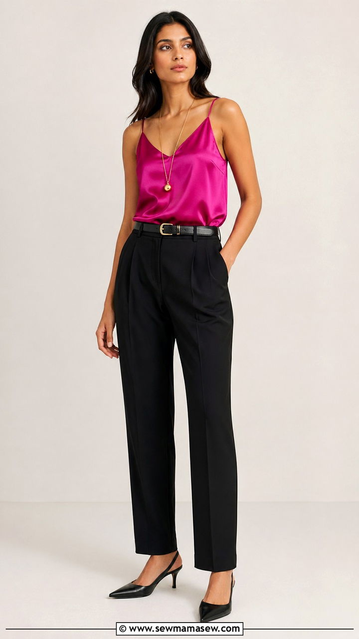 Fuchsia Silk Cami with Tailored Black Trousers - 40 All fuchsia outfit ideas
