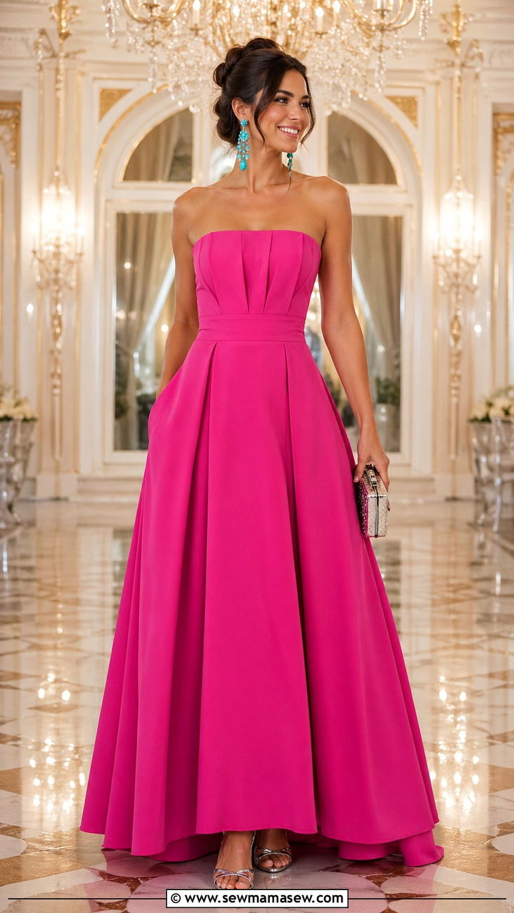 Fuchsia Strapless Maxi Dress with Statement Earrings - 40 All fuchsia outfit ideas