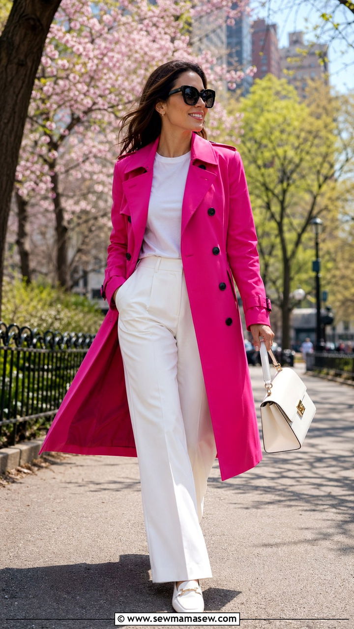 Fuchsia Trench Coat with White Wide Leg Trousers - 40 All fuchsia outfit ideas