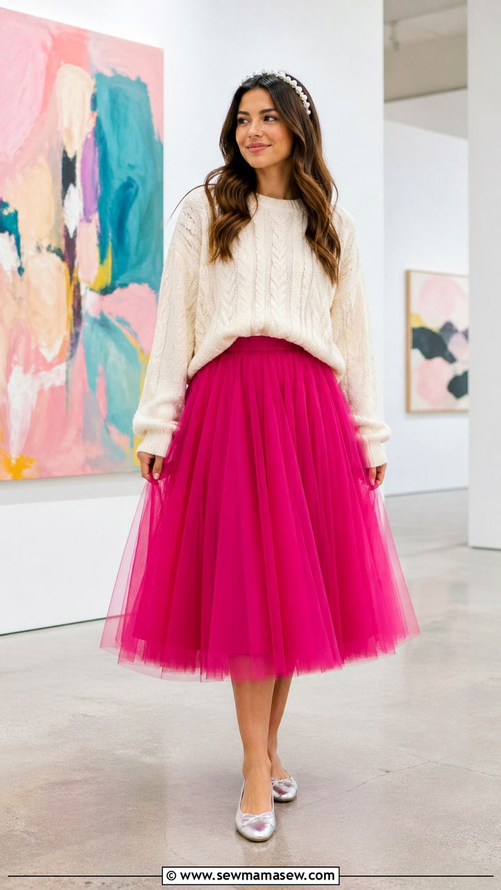 Fuchsia Tulle Midi Skirt with a Chunky Knit Sweater - 40 All fuchsia outfit ideas