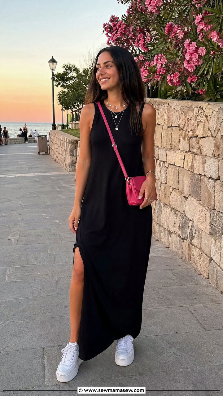 Full Length Maxi Dress with Platform Sneakers and a Crossbody - 35 spring casual chic outfit ideas