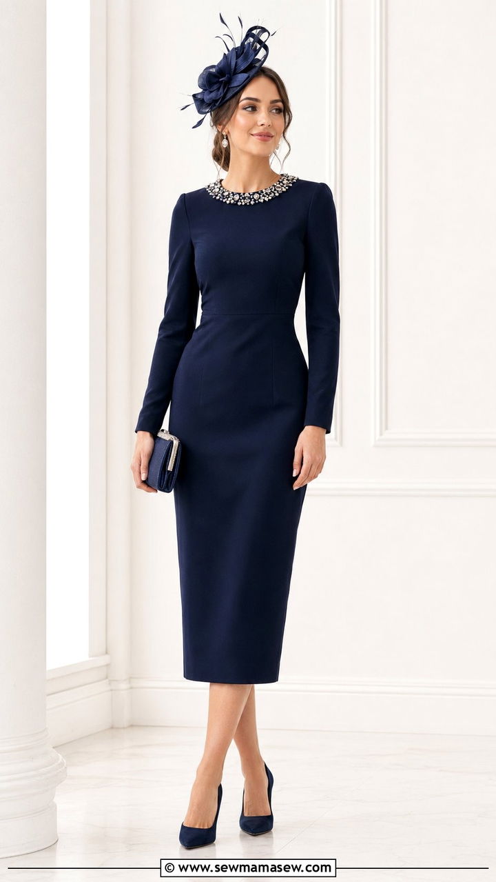Full Sleeve Sheath Dress With Embellished Collar - 35 Modest outfit ideas for wedding guest