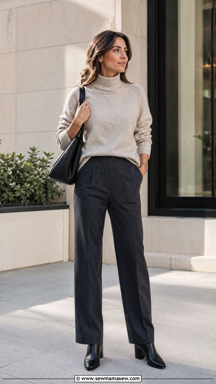 Funnel Neck Knit With Straight Trousers And Ankle Boots - 35 spring quiet luxury outfit ideas