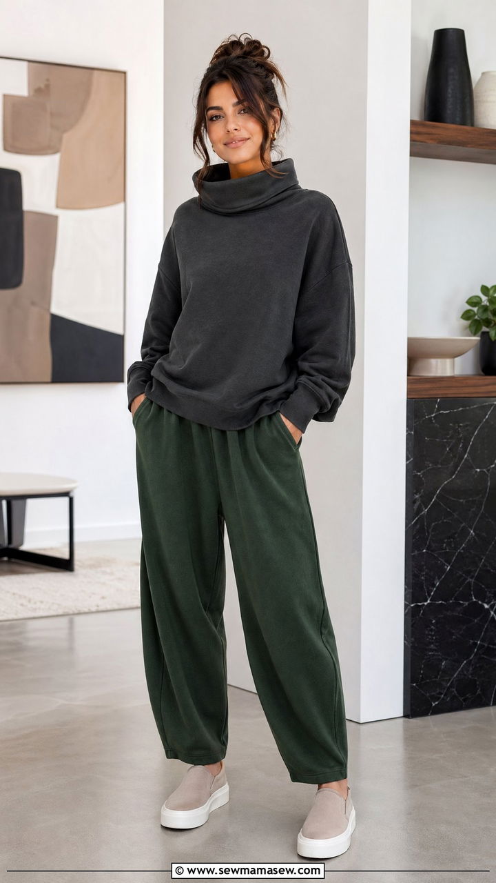 Funnel Neck Sweatshirt With Barrel Leg Pants - 35 Classy loungewear outfit ideas