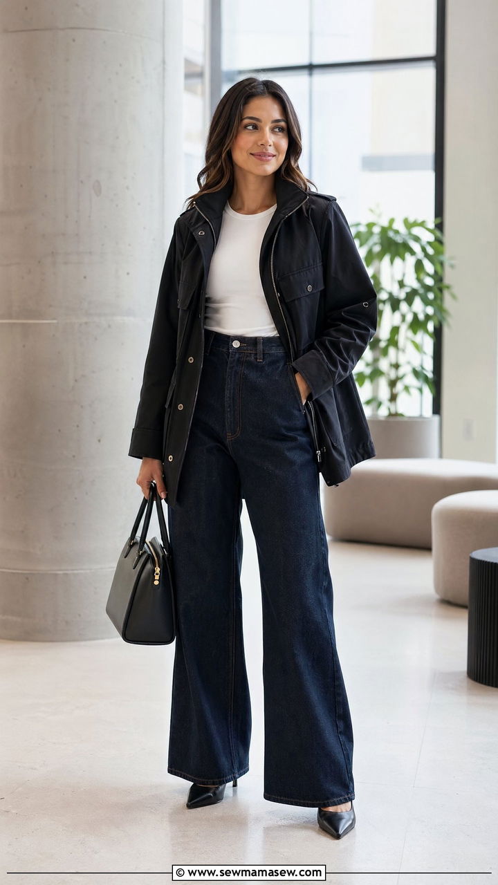 Funnel Neck Utility Jacket With Wide Leg Jeans - 35 Utility jacket outfit ideas