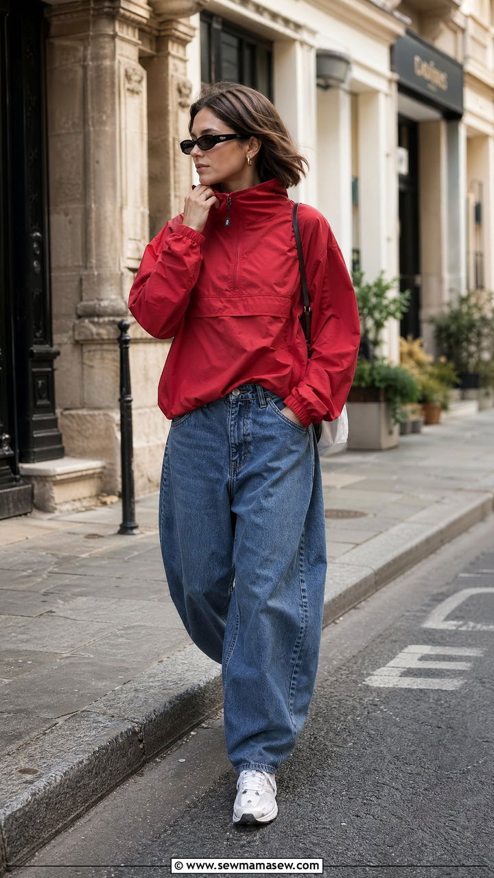 Funnel Neck Windbreaker With Barrel Leg Jeans And Retro Sneakers - 35 Windy spring outfits
