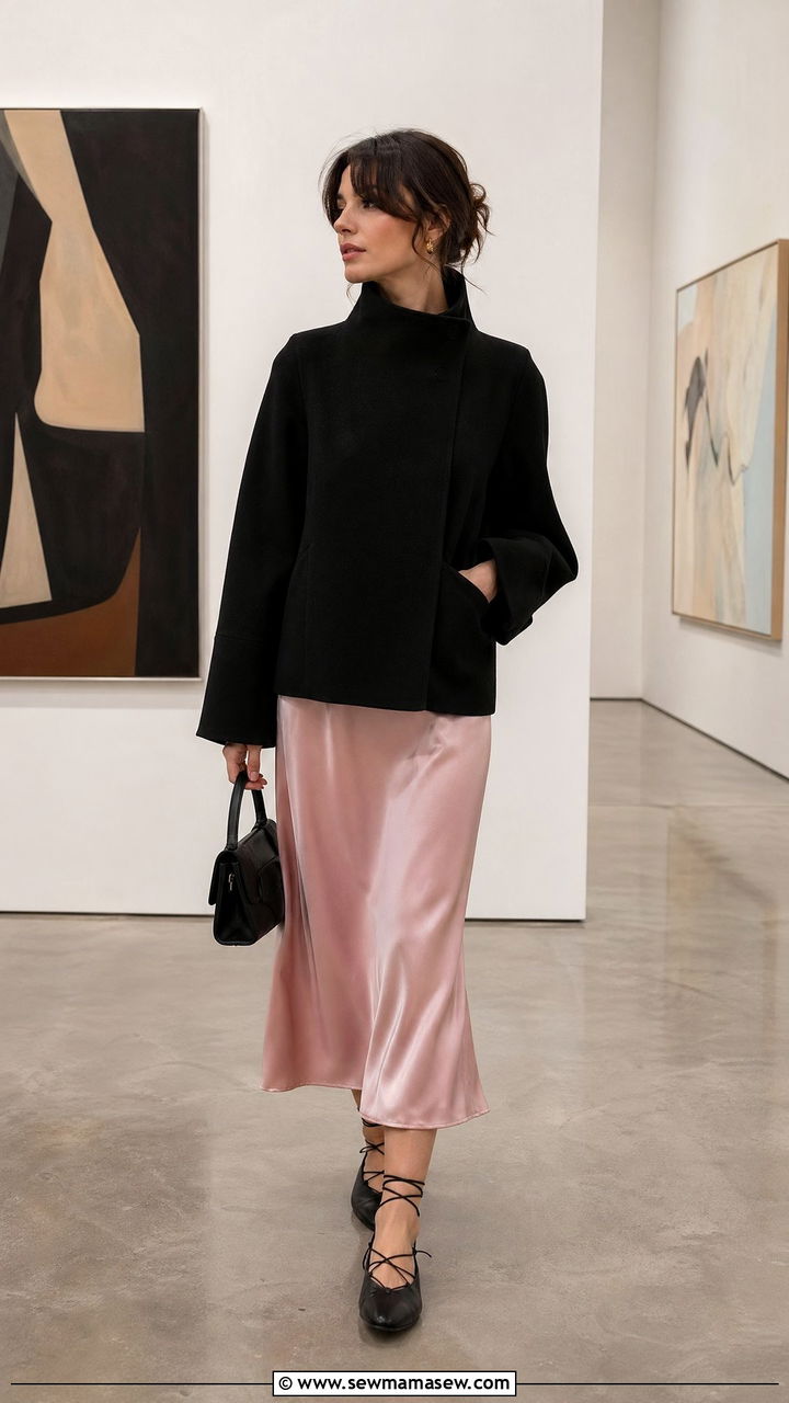 Funnel neck jacket with a pink satin skirt and lace up flats - 35 transitional french girl outfit ideas