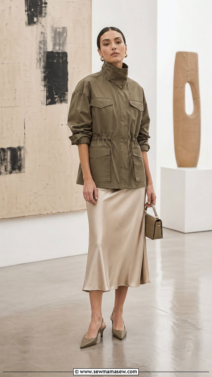 Funnel neck jacket with a slip skirt and pointed toe kitten heels - 35 Spring outfit ideas 2026