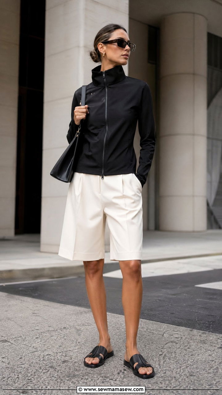 Funnel neck zip up with tailored shorts outfit - 35 Sporty chic outfit ideas