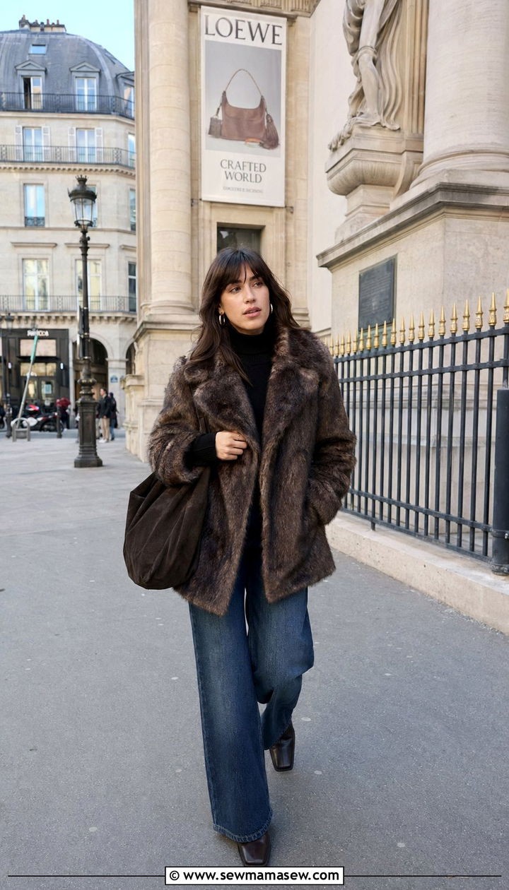 Fur coat with wide leg jeans and square toe boots - 35 Parisian outfit ideas 2026