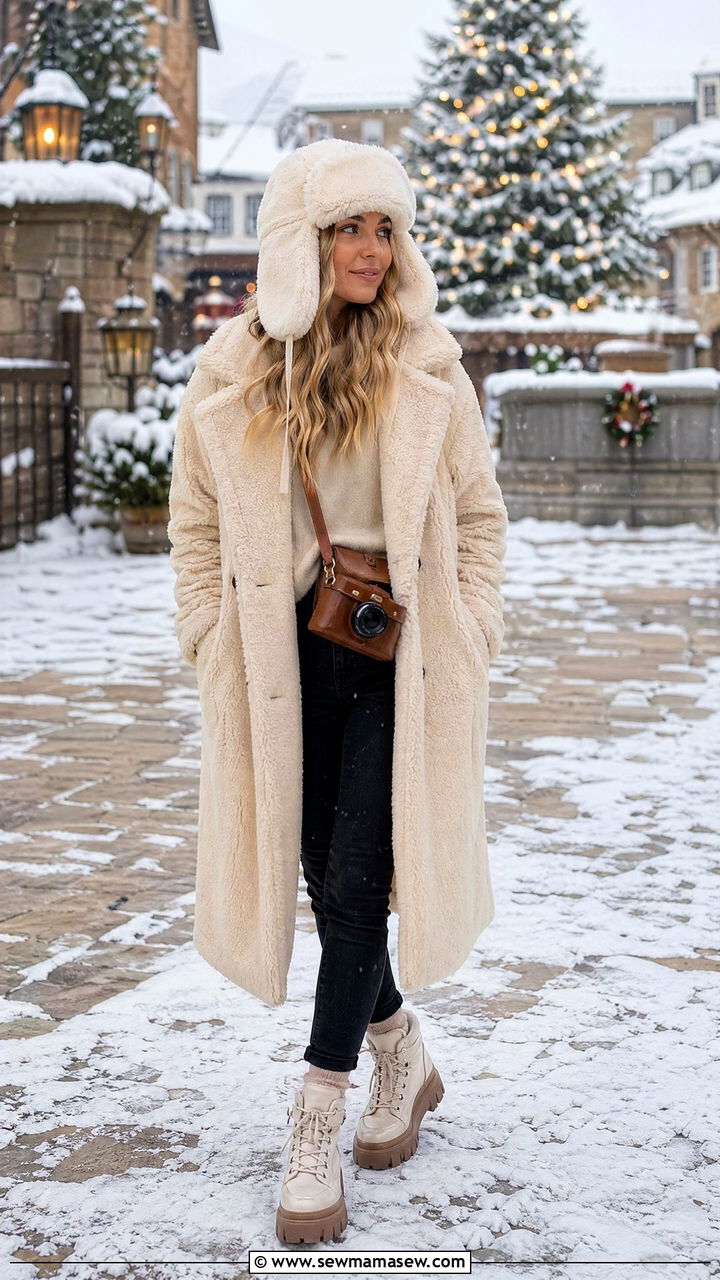 Furry Trapper Hat with Teddy Coat Apres Outfit - 35 Ski bunny outfit ideas