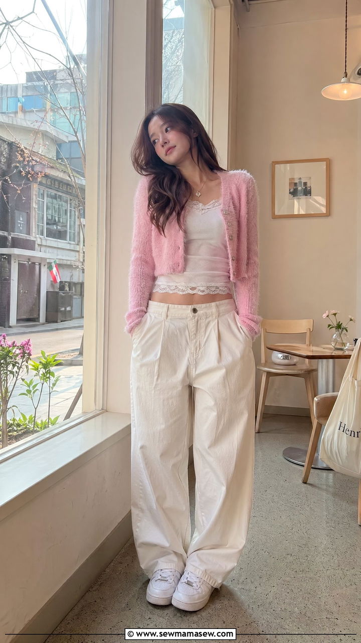 Fuzzy cardigan with a lace trim cami and wide leg trousers - 35 Spring outfits for teens