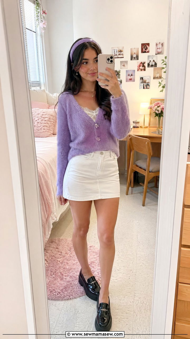 Fuzzy cardigan with mini skirt and platform loafers - 35 cute college outfits