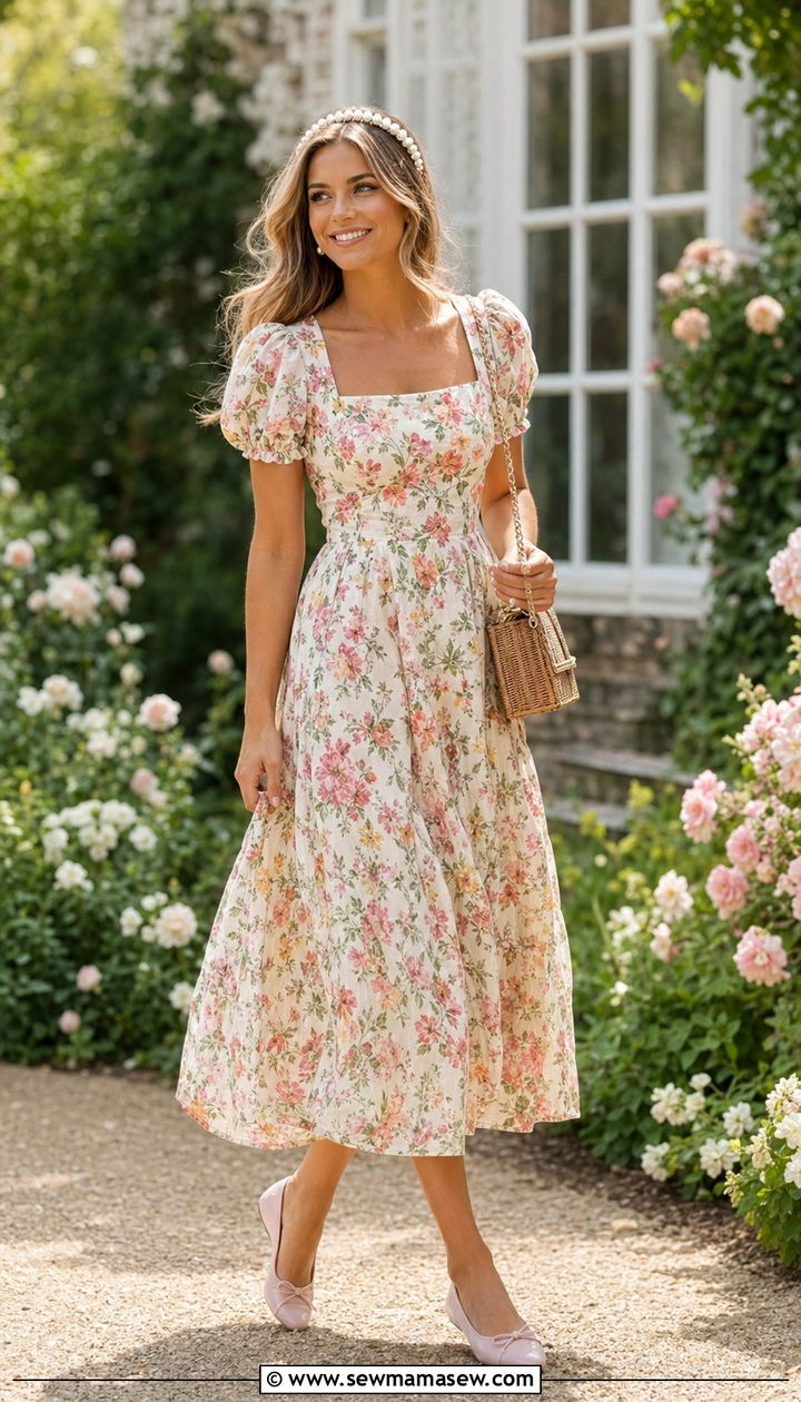 Garden Party Floral Dress with Ballet Flats - 30 what to wear to a summer wedding guest
