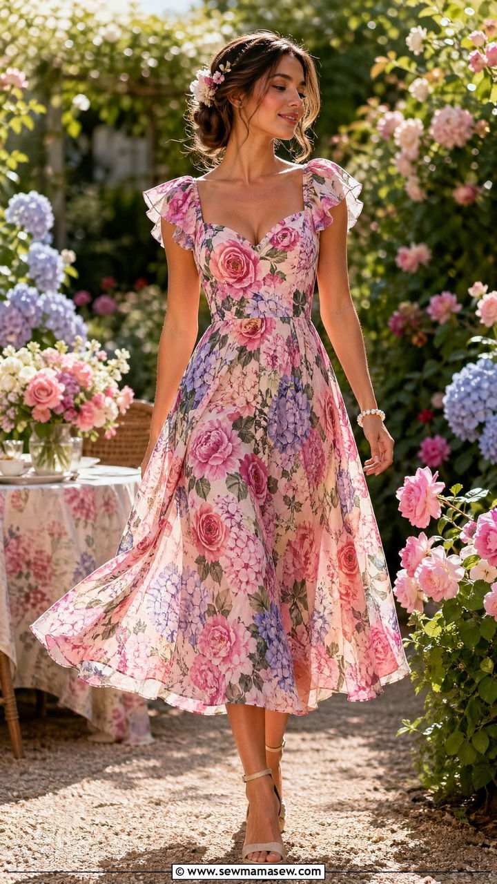 Garden Party Floral Midi Dress Summer Romantic Outfit - 35 summer romantic outfits