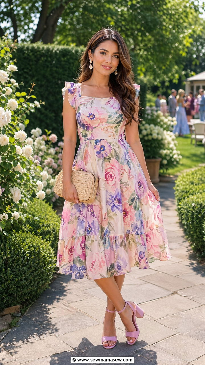 Garden Party Floral Midi Dress With Block Heels Petite Wedding Guest Outfit - 35 Wedding guest outfits for petite women