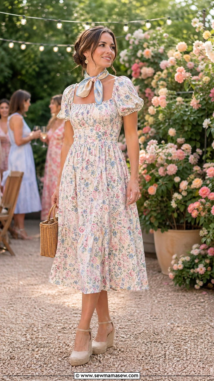 Garden Party Floral Midi Dress with Espadrilles - 35 spring old money outfit ideas