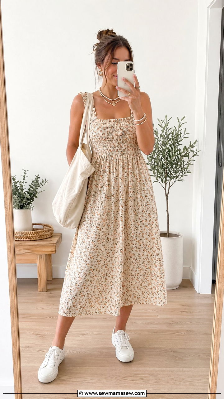 Gathered midi dress and sneakers outfit - 35 summer effortless chic outfit ideas