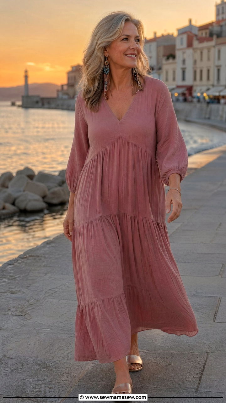 Gauze Maxi Dress With Slide Sandals For Warm Evening - 35 Travel outfits for women over 50