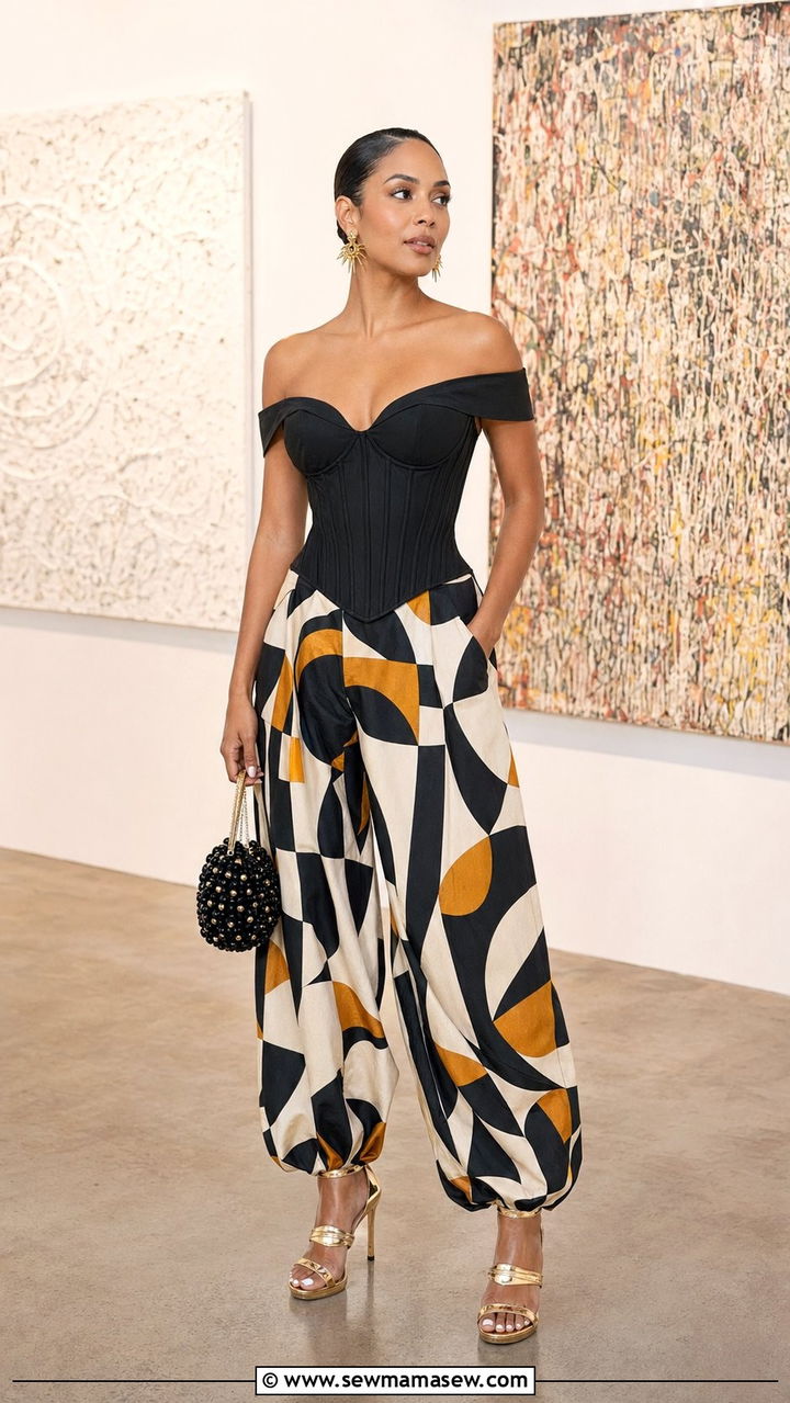 Geometric Print Balloon Pants With Corset Top - 30 balloon pants outfits