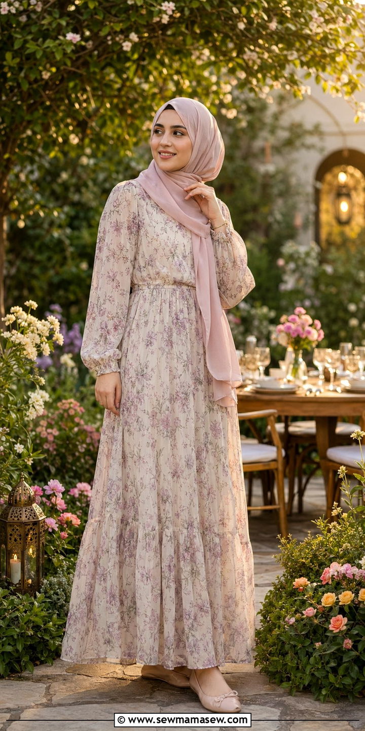 Georgette Floral Maxi Dress With Pastel Hijab - 35 Ramadan outfit ideas for women