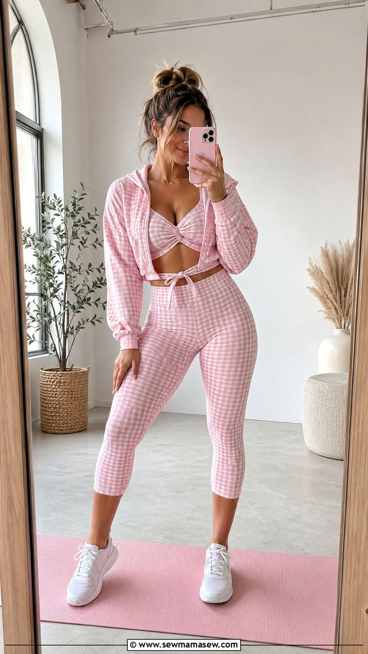 Gingham Active Set With Twist Front Crop Top - 35 cute outfits ideas