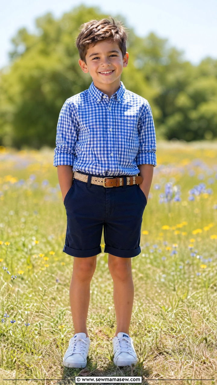 Gingham Button Down and Twill Shorts Outfit - 35 Spring outfits for kids