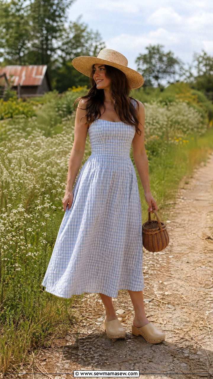 Gingham Check Dress and Clogs Summer Scandinavian Outfit - 35 summer scandinavian outfit ideas