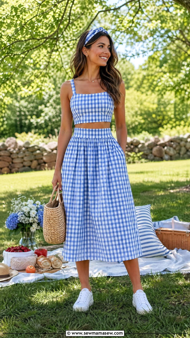 Gingham Crop Top with Matching Midi Skirt - 35 summer preppy outfit ideas