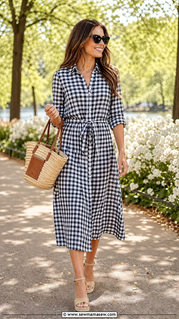 Gingham Dress With Straw Bag And Wedges - 35 spring classy outfit ideas