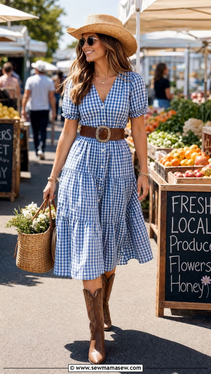 Gingham Dress With Western Belt And Boots - 30 western capsule wardrobe outfits