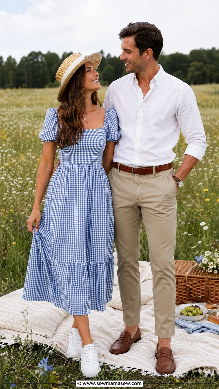 Gingham Dress and Chinos Picnic Couple Outfit - 35 Couples photoshoot outfit ideas