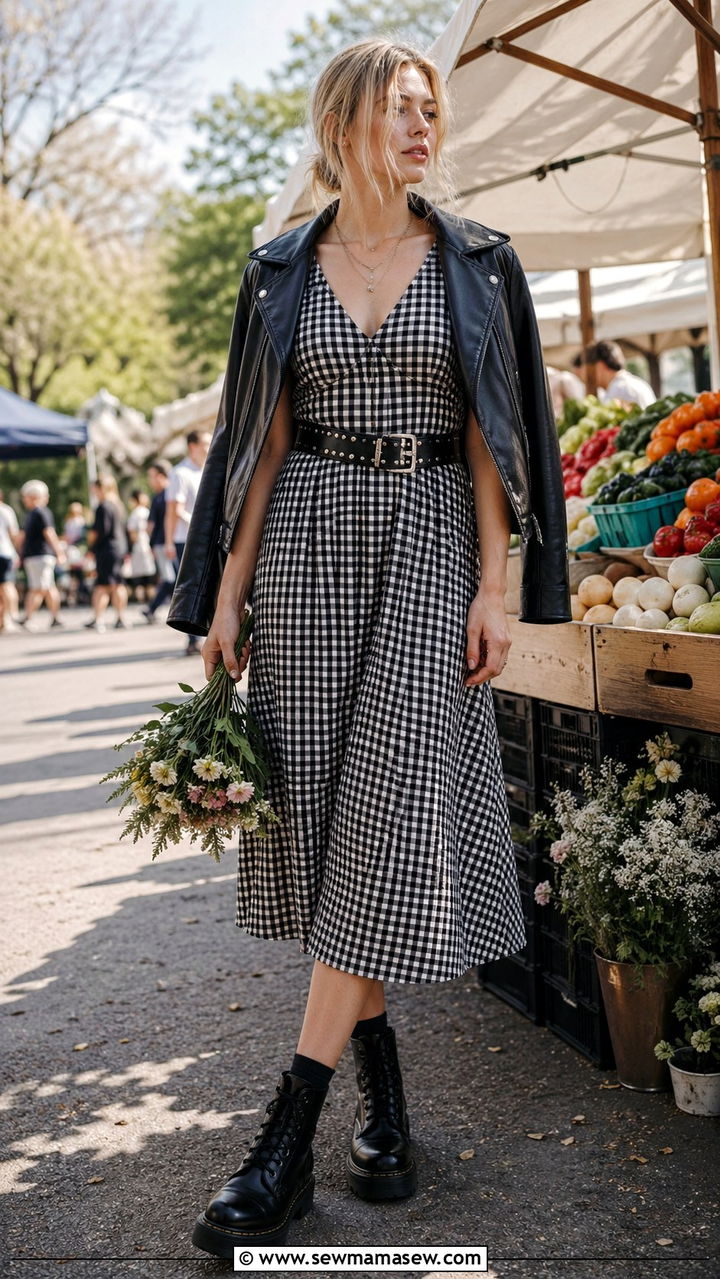 Gingham Dress and Combat Boots Spring Outfit - 30 spring grunge outfits