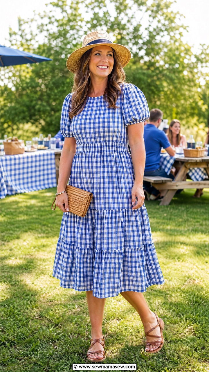 Gingham Dress and Flat Sandals - 35 Summer family reunion outfits
