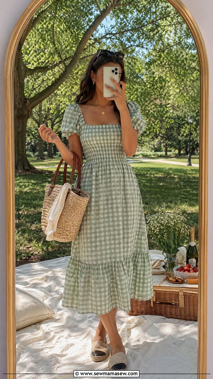 Gingham Dress with Basket Bag - 35 What to wear for a spring picnic