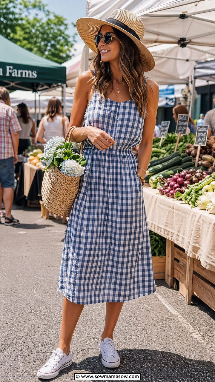 Gingham Dress with Basket Bag - 35 Warm summer outfits