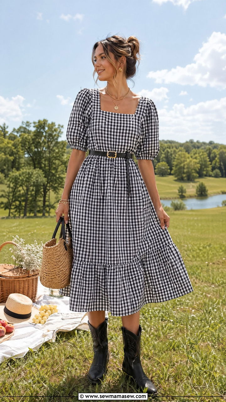 Gingham Dress with Cowboy Boots and Straw Bag - 35 Western chic outfit ideas