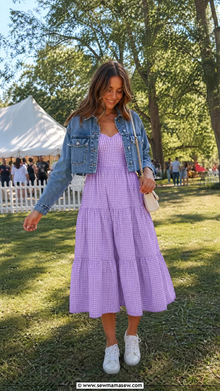 Gingham Dress with Denim Jacket and White Sneakers - 35 spring preppy outfits