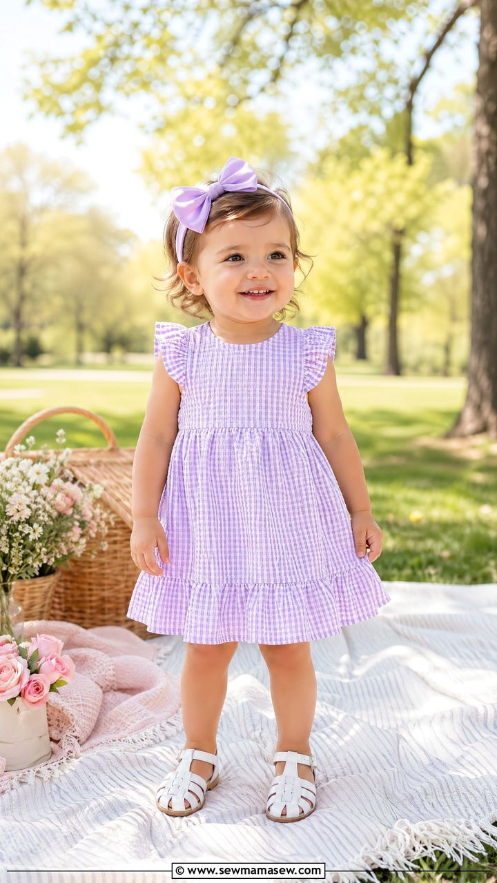 Gingham Dress with White Sandals and Bow Headband - 35 Spring outfits for toddlers