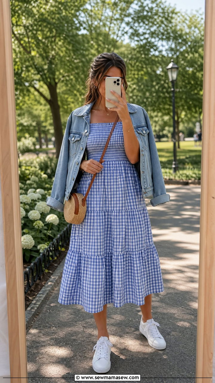 Gingham Dress with White Sneakers Summer Outfit - 35 summer outfit ideas for women over 40